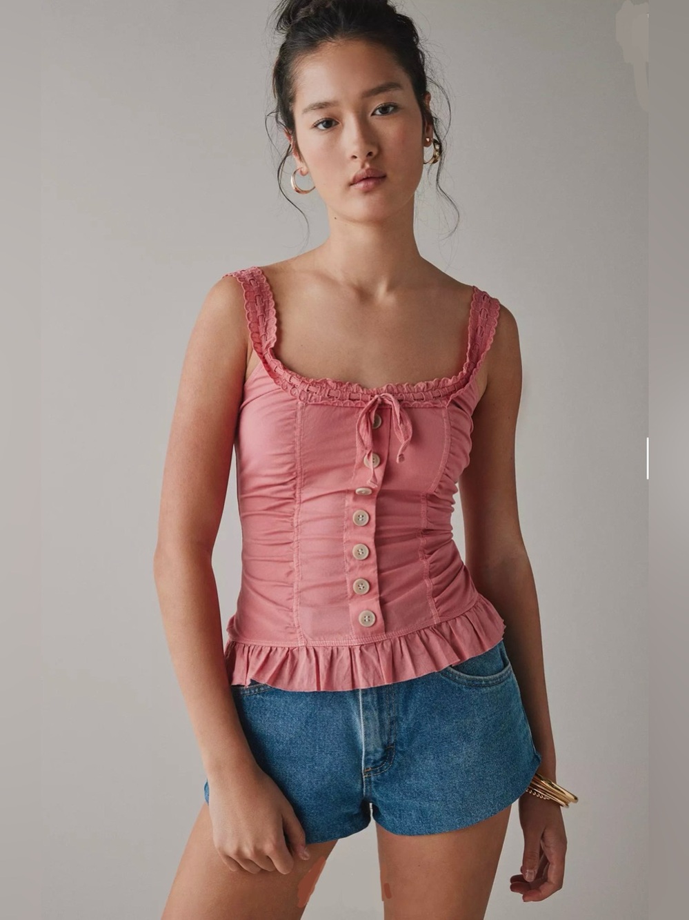 Kimchi Blue Aimee Ruffle Button-Front Corset Tank Top Coquette Size S Peach